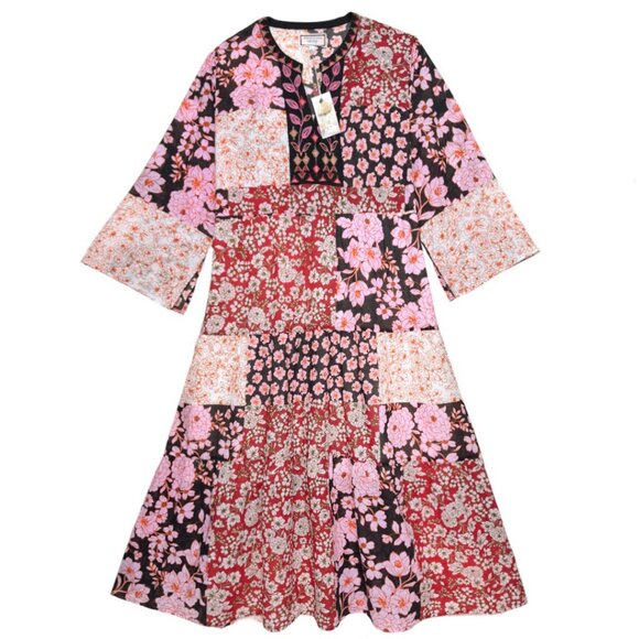 NWT JOHNNY WAS WORKSHOP BOHO PATCHWORK ARTISAN MIDI DRESS BLOOMCORE RESORT LRG